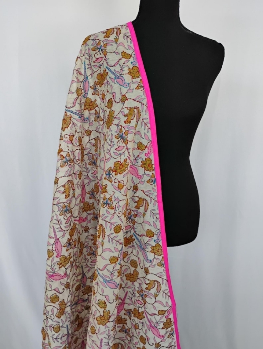 Floral Cream Wrap Scarf with Bright Pink Trim
